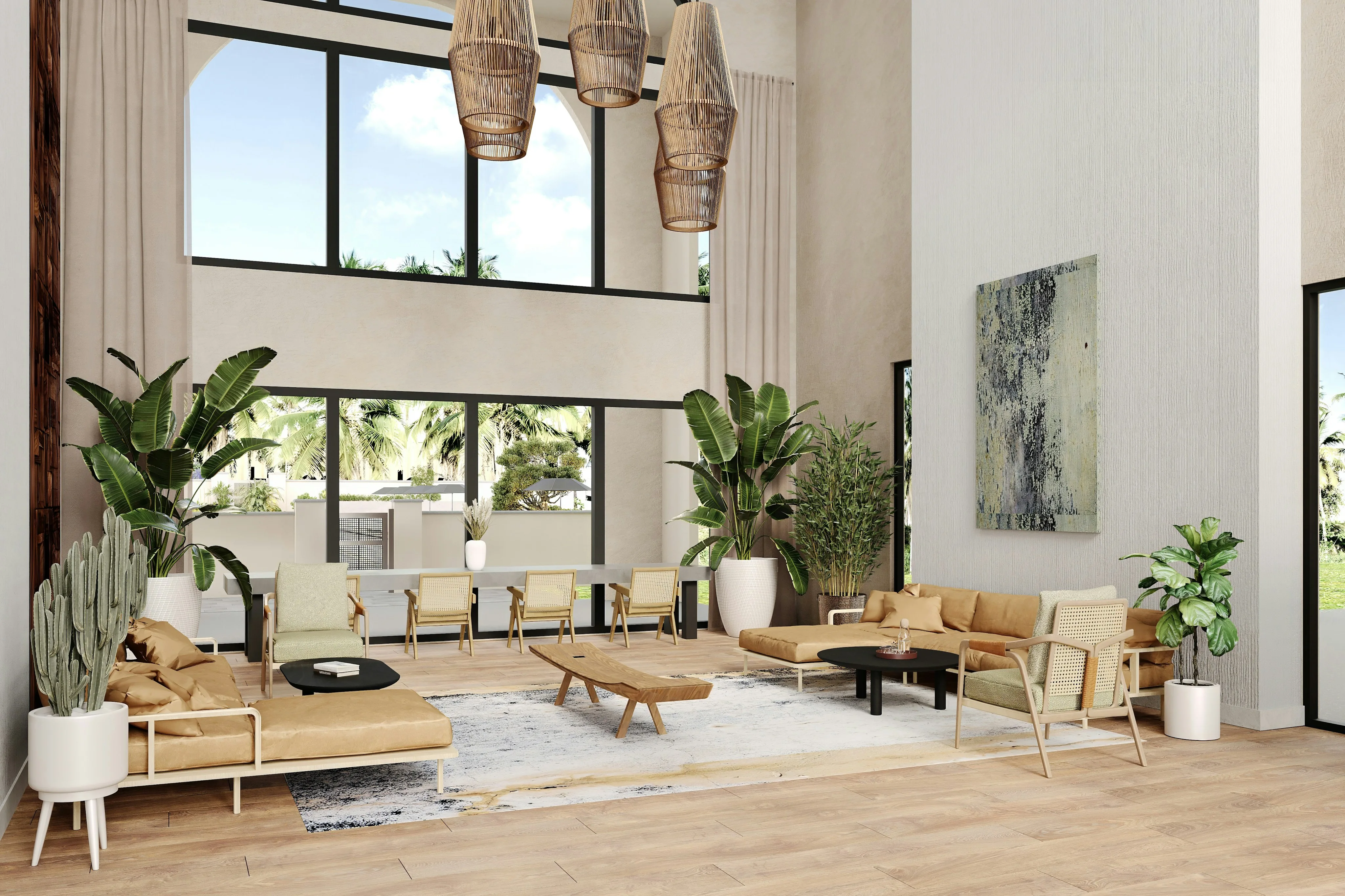 Architectural visualization of a double-height living room with warm materials and large windows
